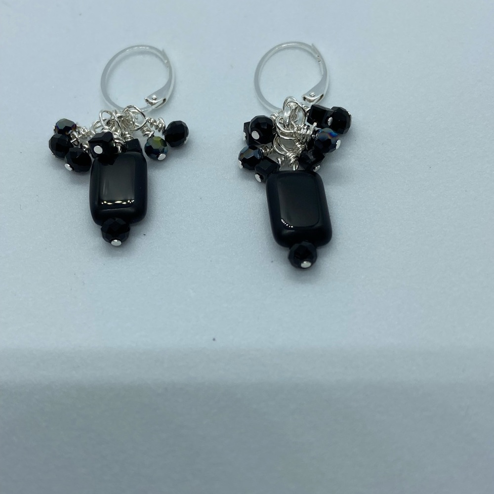 Jet black and silver wire wrapped earrings